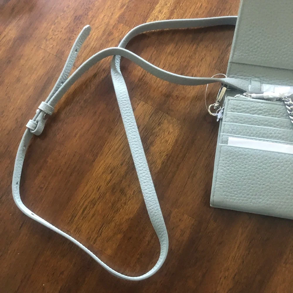 NWT $228 AllSaints FETCH LEATHER CHAIN WALLET CROSSBODY BAG in Sky Blue!